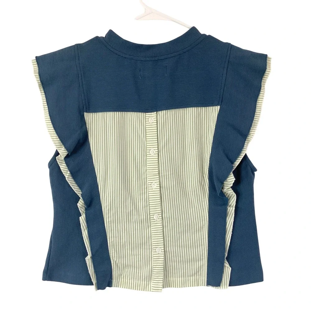 Anthropologie Mixed Media Ruffle Ribbed Striped Button Back Top Blue Medium - Picture 2 of 5